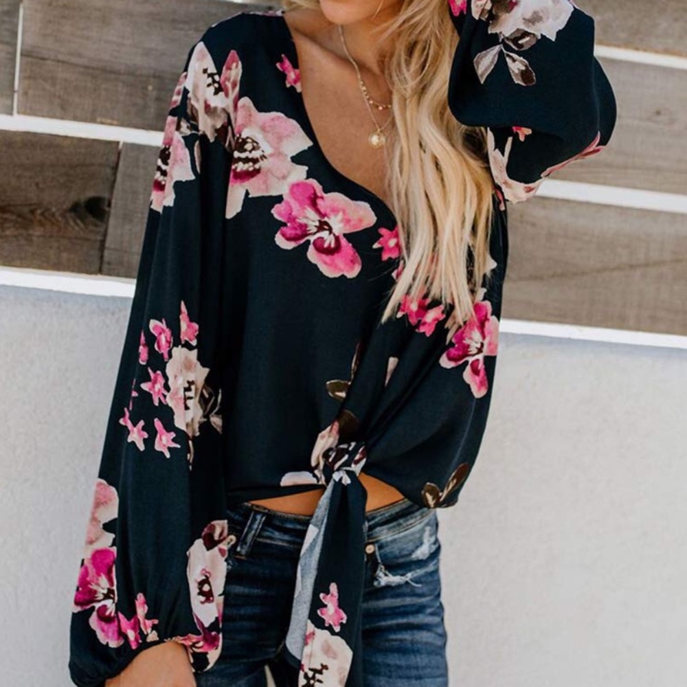 Cute V Neck Tie Front Flower Blouse